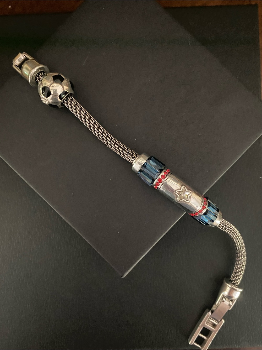 Brighton Silver Mesh Bracelet with Blue and Red Accents and Soccer Ball Charm
